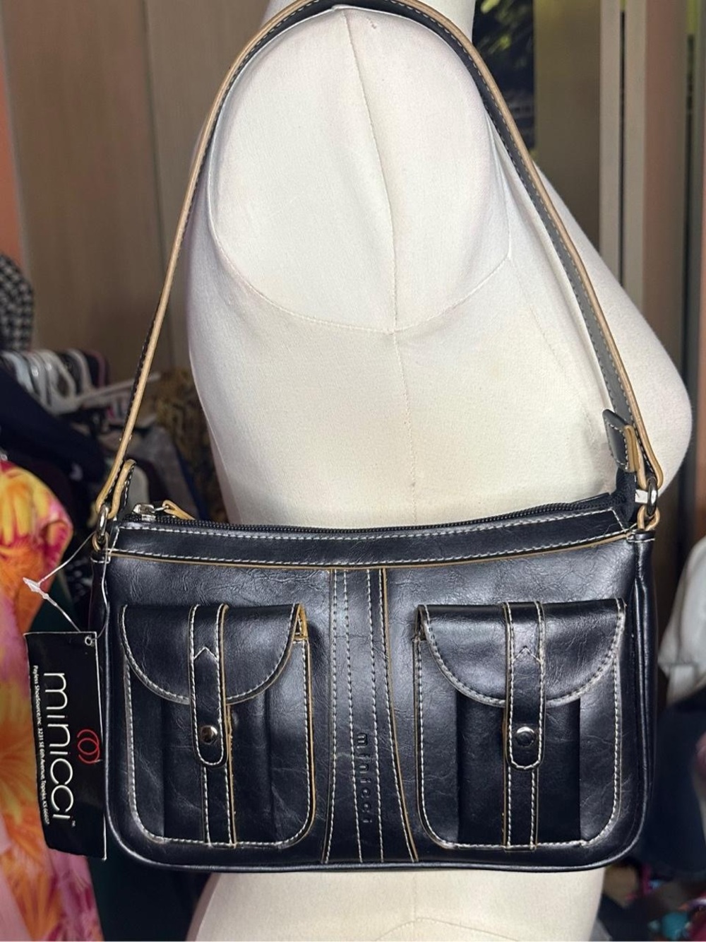 Vintage 90s Minicci Black Shoulder Bag Dual Front Pockets and Contrast Stitching